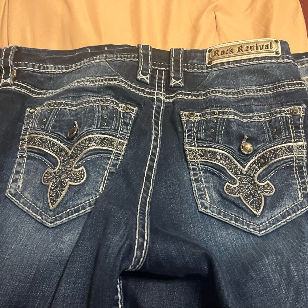 Rock Revival Blue Straight Leg Jeans with Decorative Stitching